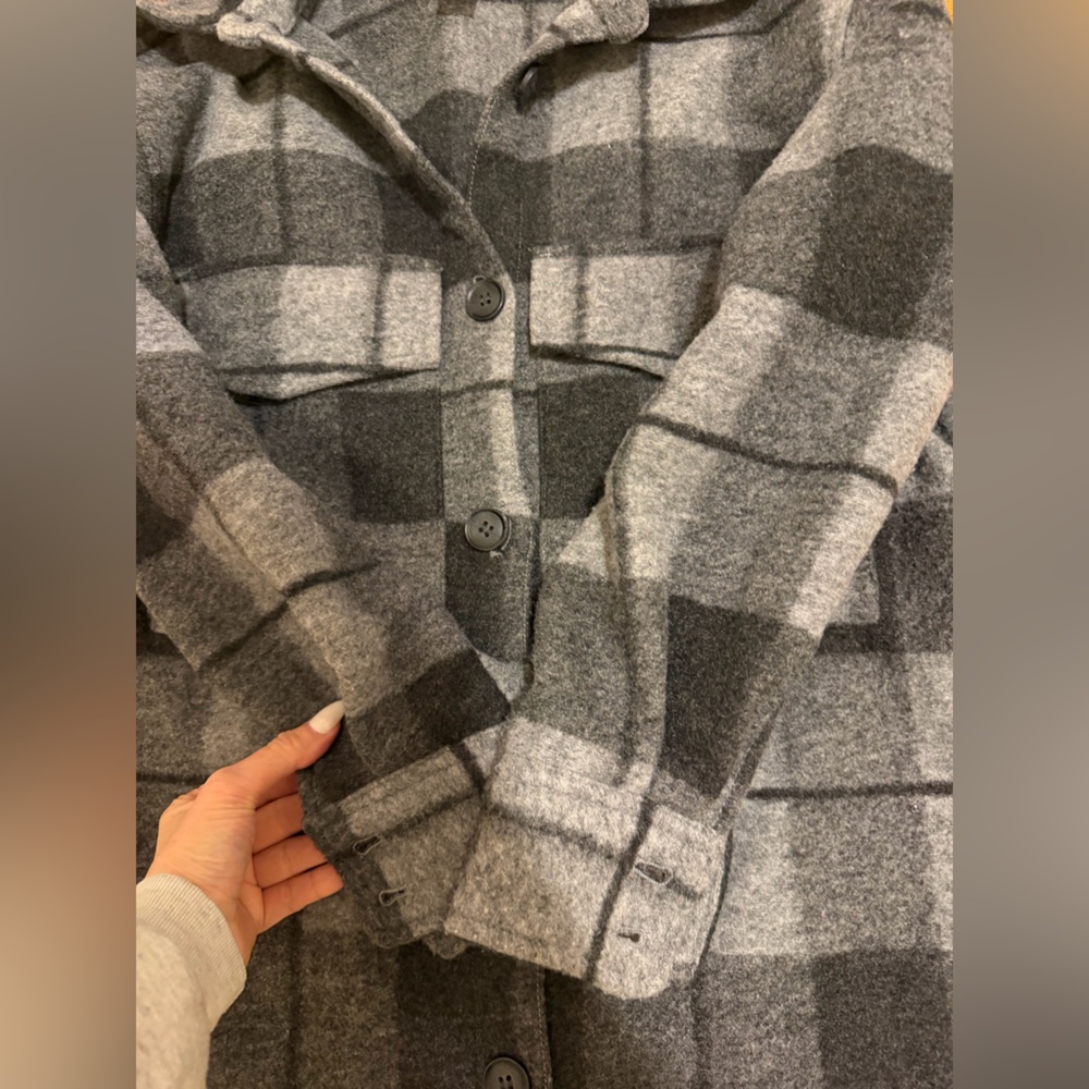 H&M Plaid Shacket Coat XS Gray Black Long Overshirt Jacket - Picture 7 of 12